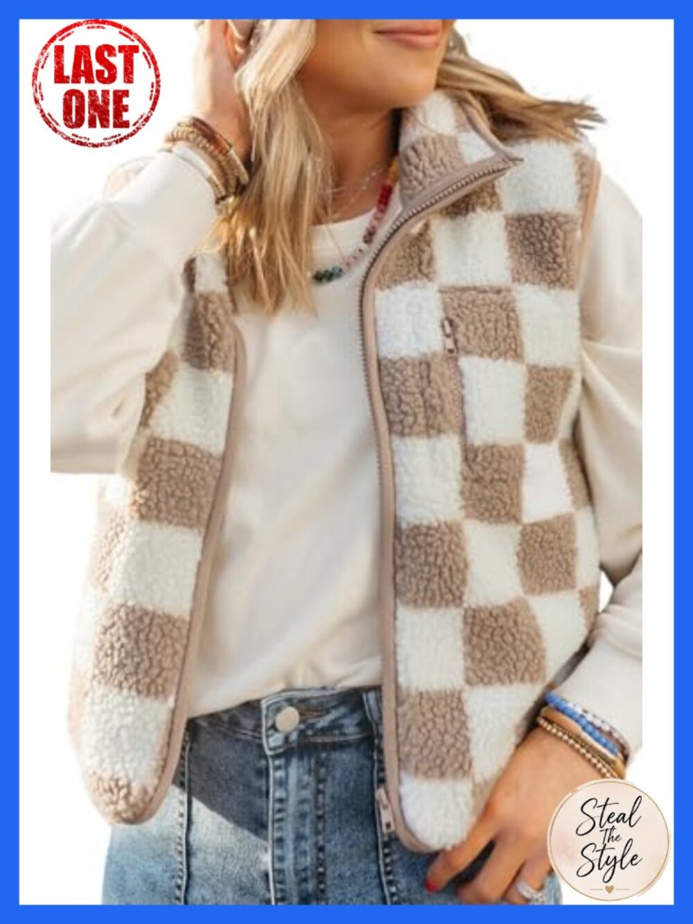 Sherpa Fleece Vest Checkered Sleeveless Zip Up Outerwear Fall Winter